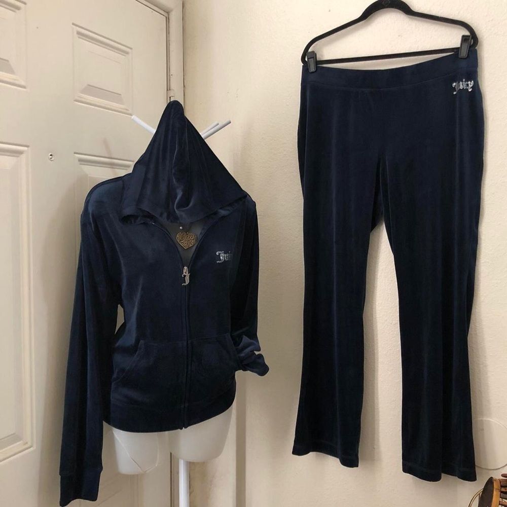 Y2K Navy Blue Velvet Juicy Couture tracksuit Hoodie Sweatshirt Flare Sweatpants